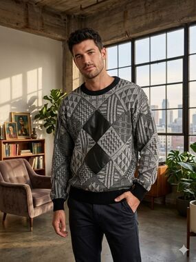 Take 50% OFF- Barnaby Black & White Geometric Argyle Knit Sweater - Men, Size-L